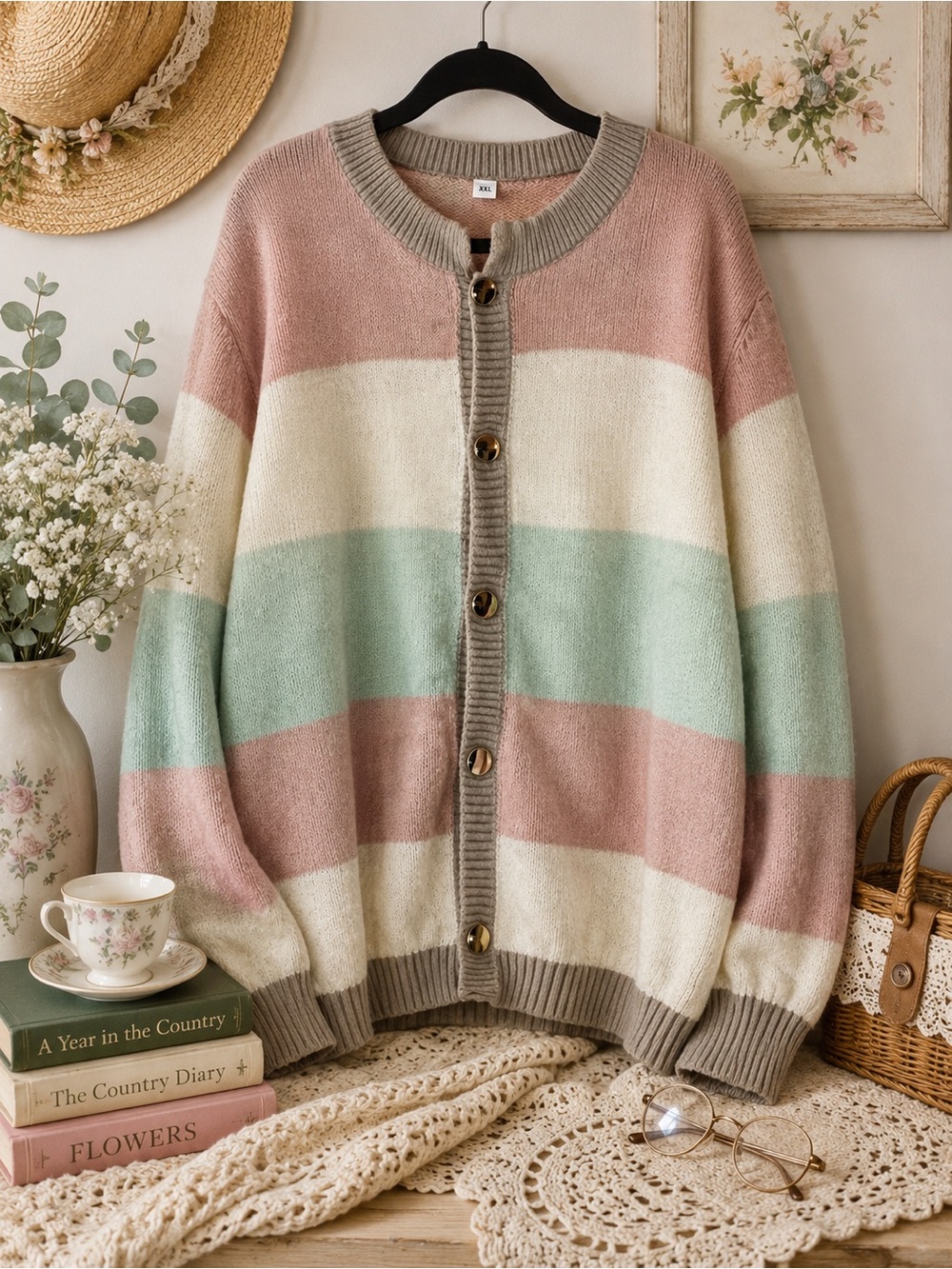 Pastel Colorblock Cardigan‎ Sweater XXL Grandmacore Cozy Soft Girl Knit